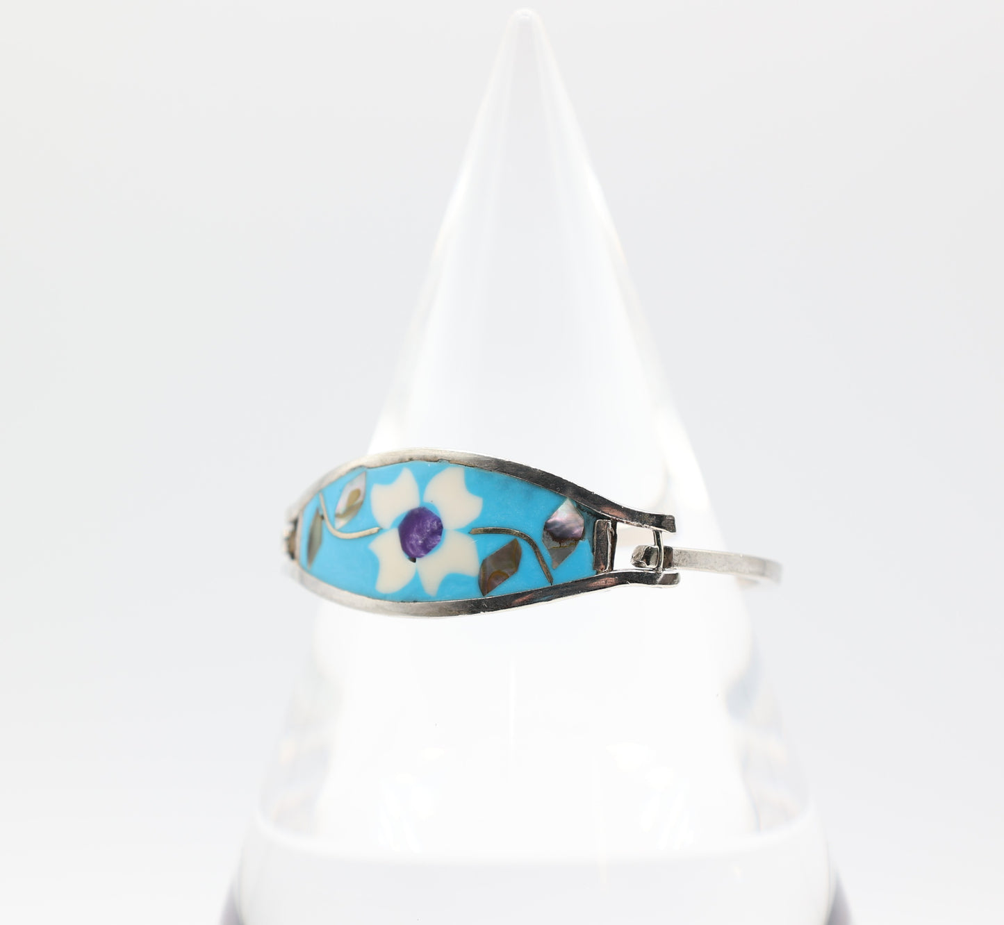 925 Sterling Silver Mexican Alpaca with Abalone Inlay and Mother of Pearl Hinged Bracelet