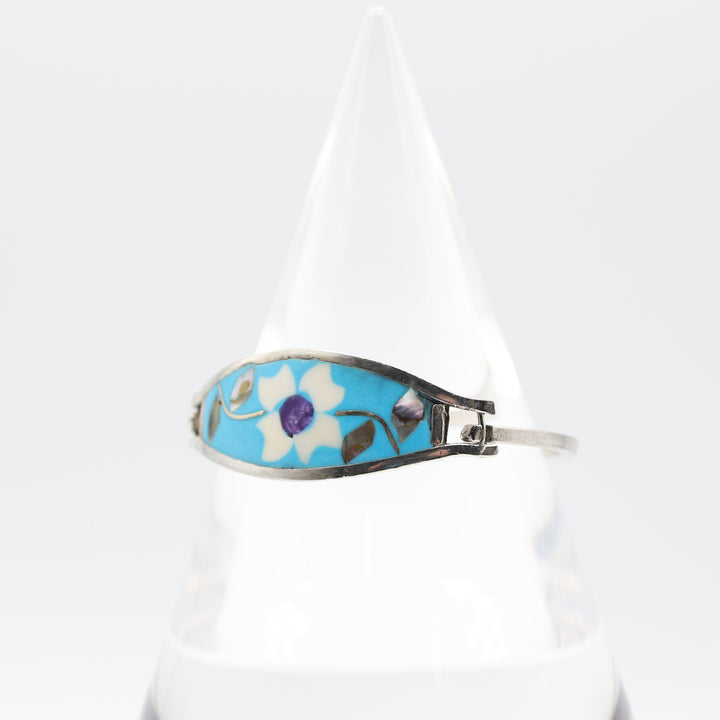 925 Sterling Silver Mexican Alpaca with Abalone Inlay and Mother of Pearl Hinged Bracelet