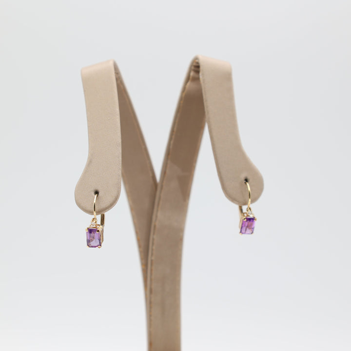 14k Yellow Gold 6x4mm Emerald Cut Amethyst Stone and Diamond Accent Earrings