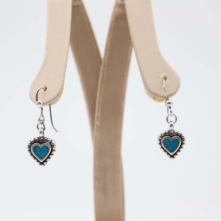 Silver Faux Turquoise Heart Dangle Earrings - 3.35 g