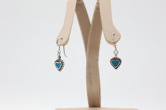 Silver Faux Turquoise Heart Dangle Earrings - 3.35 g