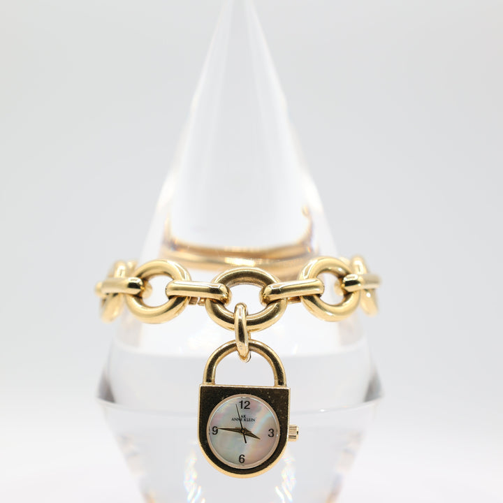 Anne Klein Gold Tone Link Chain Mother of Pearl Dial Watch Bracelet