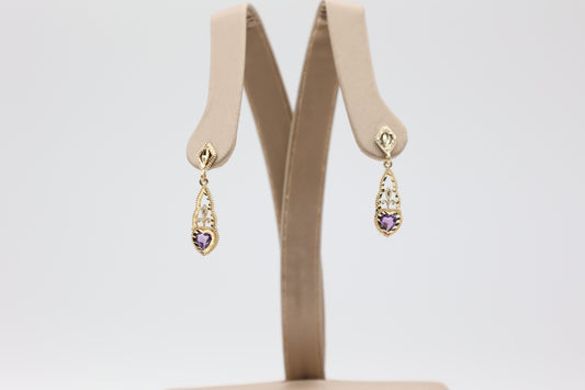 14k Yellow Gold Vintage Amethyst Heart Filigree Earrings