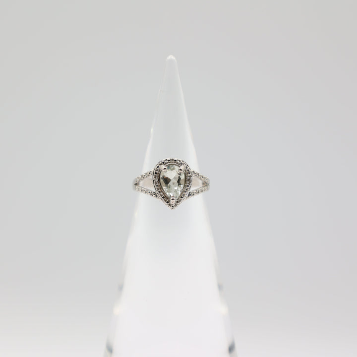 925 Sterling Silver Pear Cut Green Quartz and Diamond Halo Accents Ring Size 7