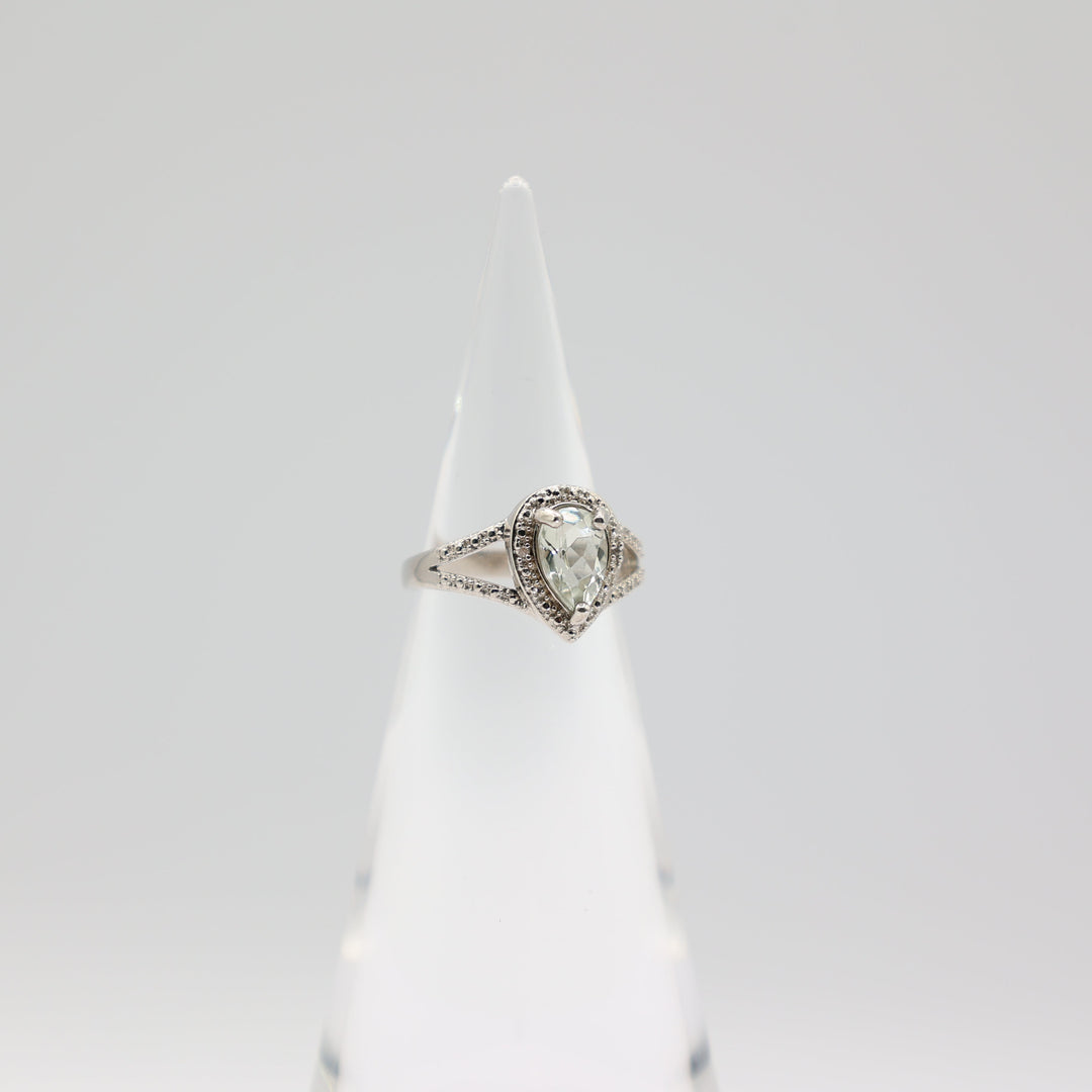 925 Sterling Silver Pear Cut Green Quartz and Diamond Halo Accents Ring Size 7