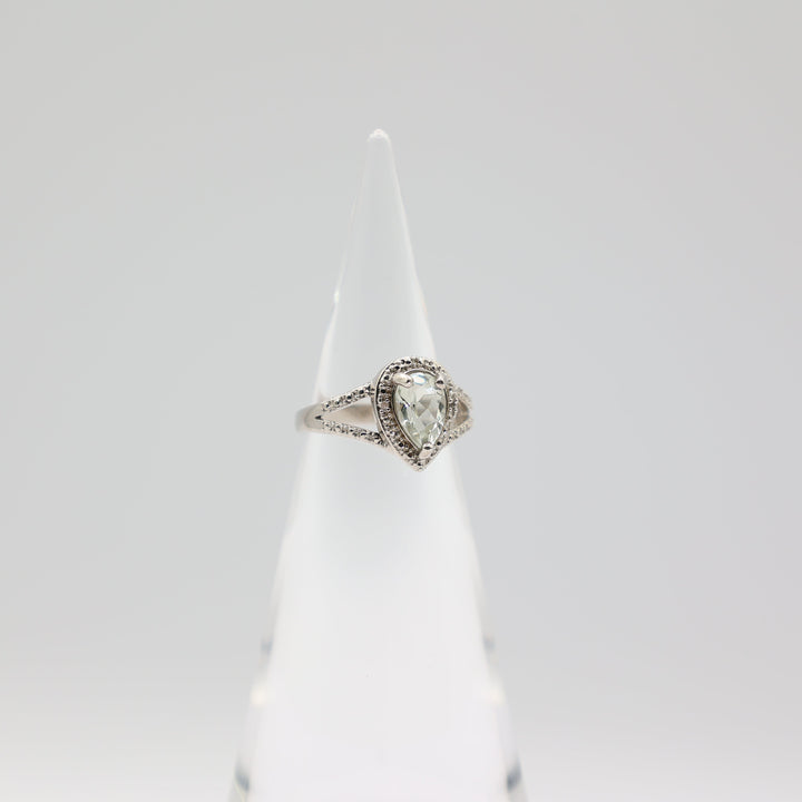 925 Sterling Silver Pear Cut Green Quartz and Diamond Halo Accents Ring Size 7