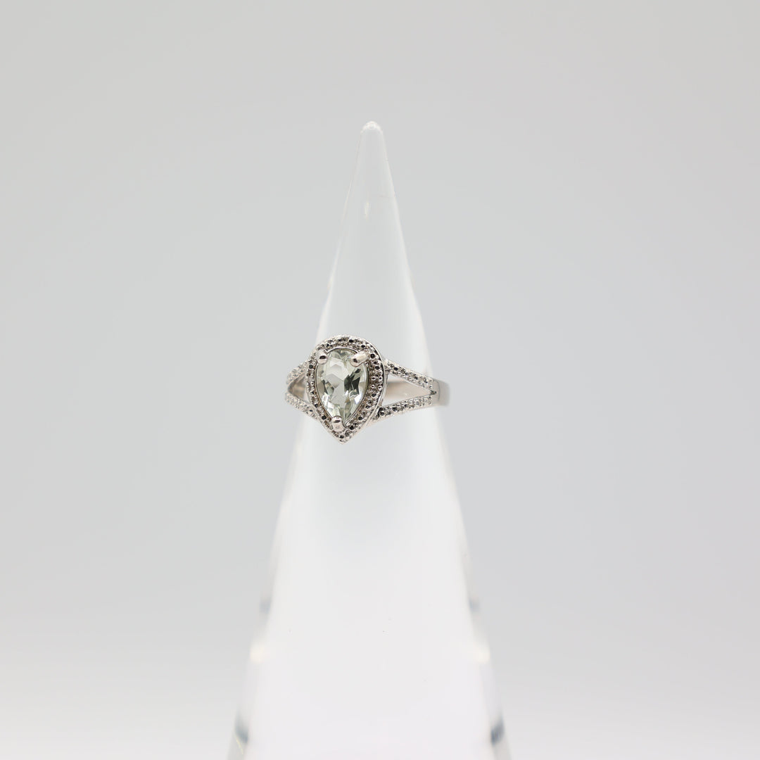 925 Sterling Silver Pear Cut Green Quartz and Diamond Halo Accents Ring Size 7