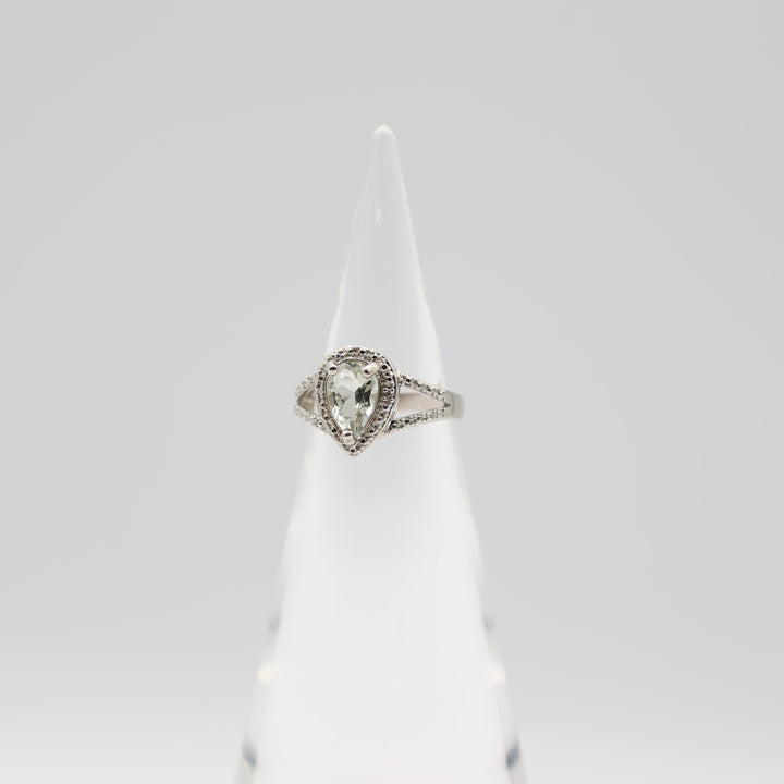 925 Sterling Silver Pear Cut Green Quartz and Diamond Halo Accents Ring Size 7