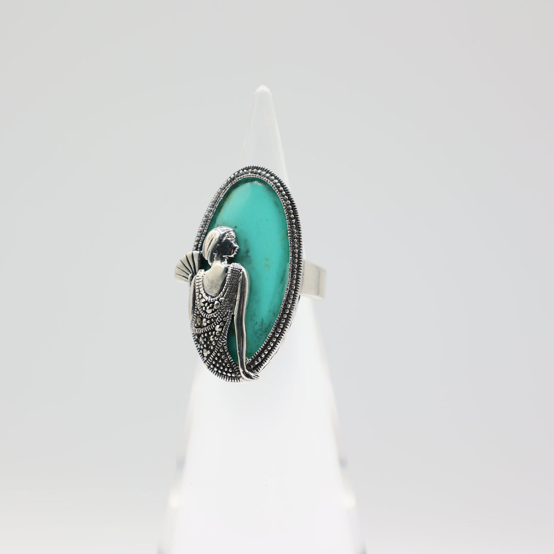 925 Sterling Silver Turquoise and Marcasite Woman Holding Fan Ring Size 6