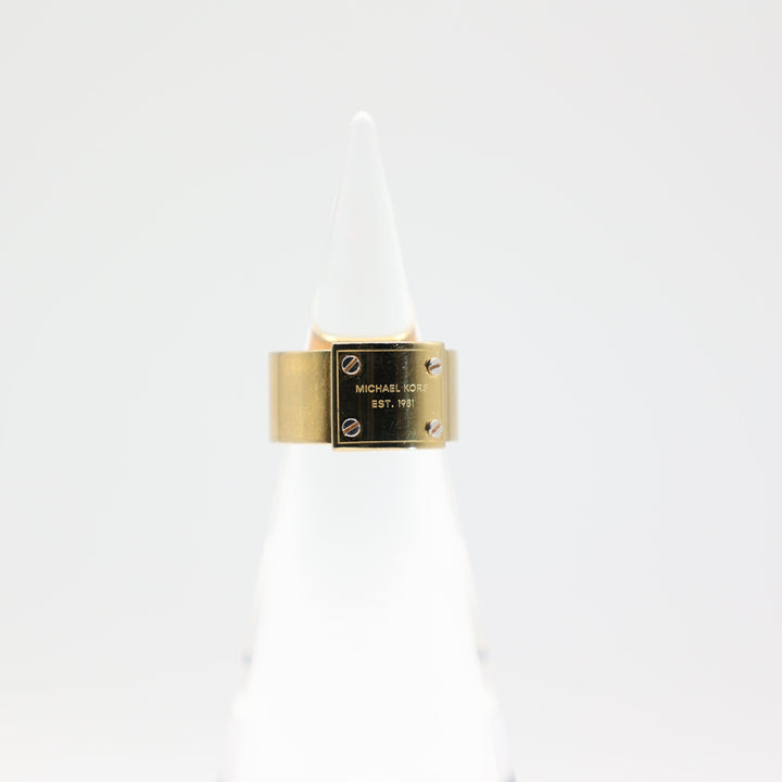 Michael Kors Gold Tone Logo Wide Ring Size 7