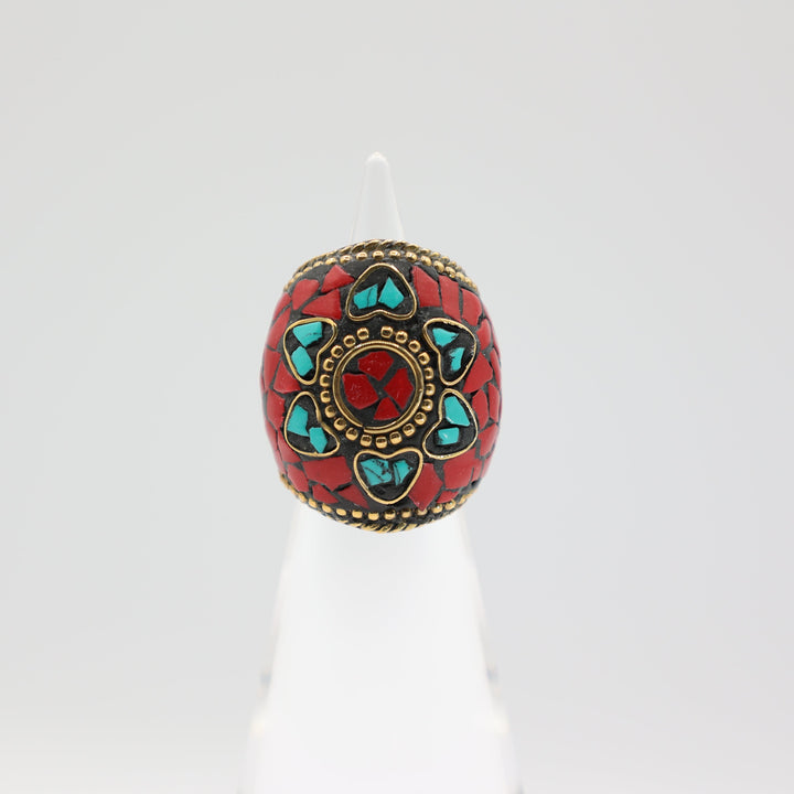 Tibetan Red and Turquoise Gold Tone Ring Size 7.25