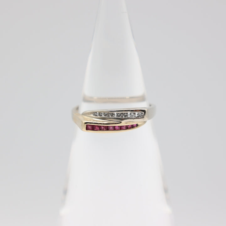 14k white gold & 14k yellow gold with Ruby and White Diamonds layered ring – size 10.5