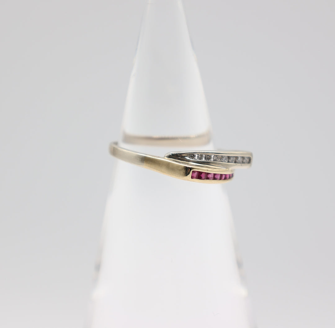 14k white gold & 14k yellow gold with Ruby and White Diamonds layered ring – size 10.5