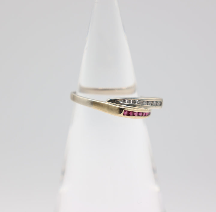 14k white gold & 14k yellow gold with Ruby and White Diamonds layered ring – size 10.5