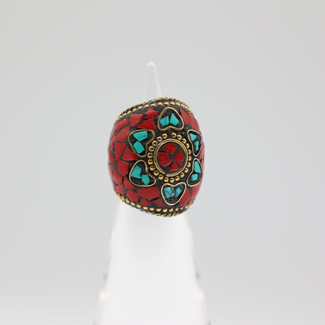 Tibetan Red and Turquoise Gold Tone Ring Size 7.25