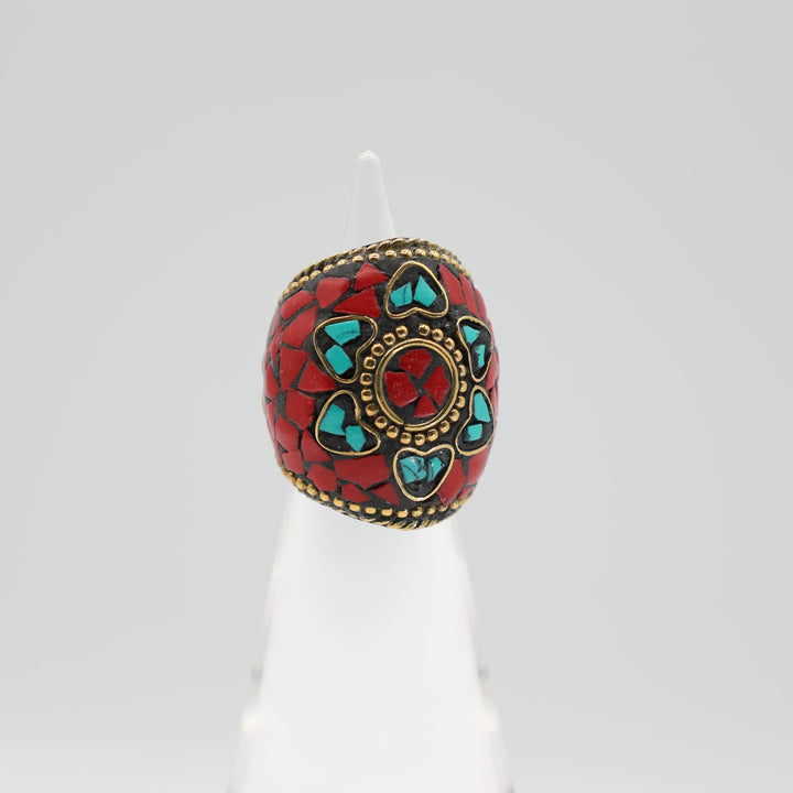 Tibetan Red and Turquoise Gold Tone Ring Size 7.25