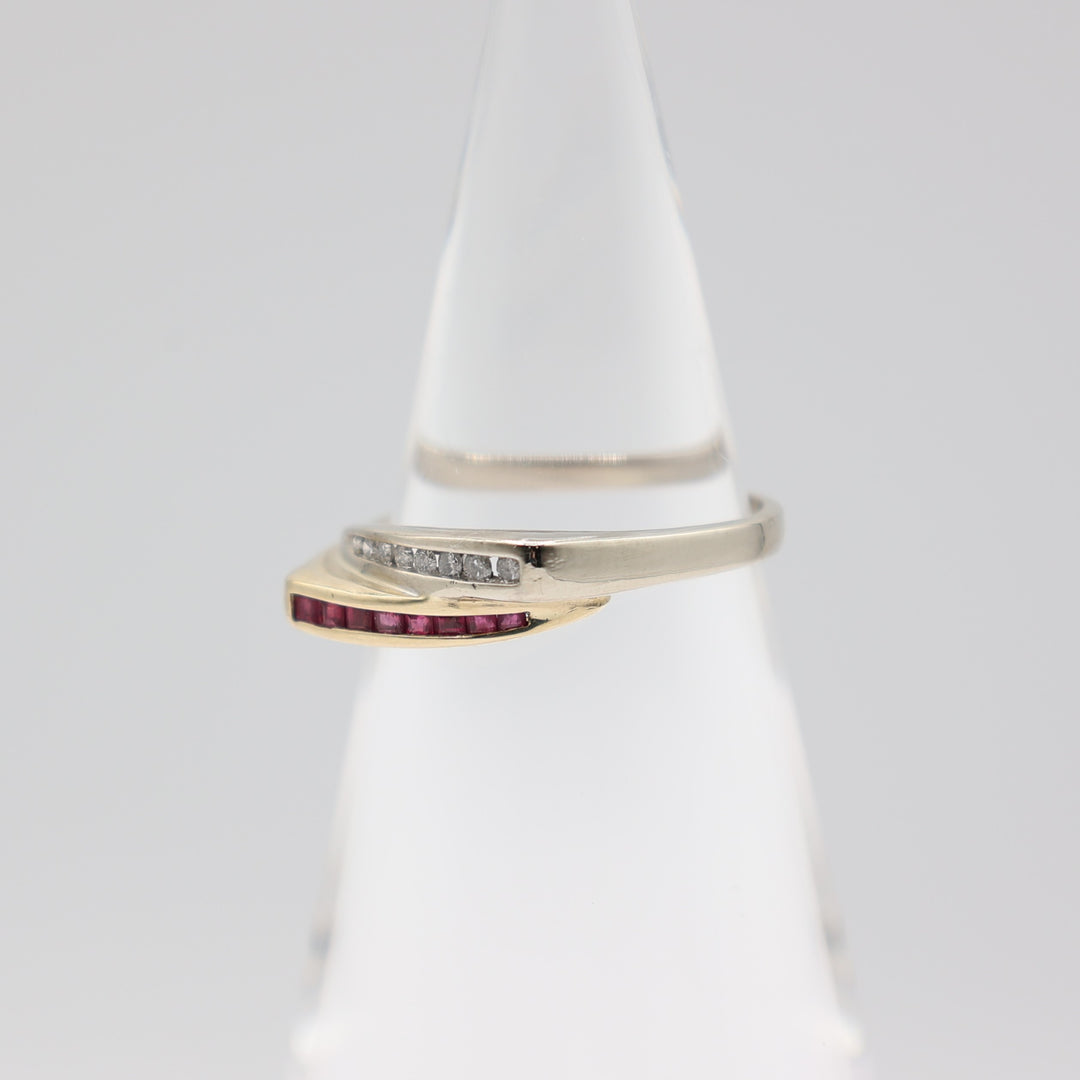 14k white gold & 14k yellow gold with Ruby and White Diamonds layered ring – size 10.5