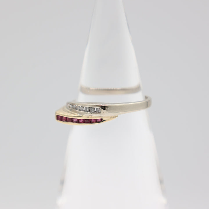 14k white gold & 14k yellow gold with Ruby and White Diamonds layered ring – size 10.5