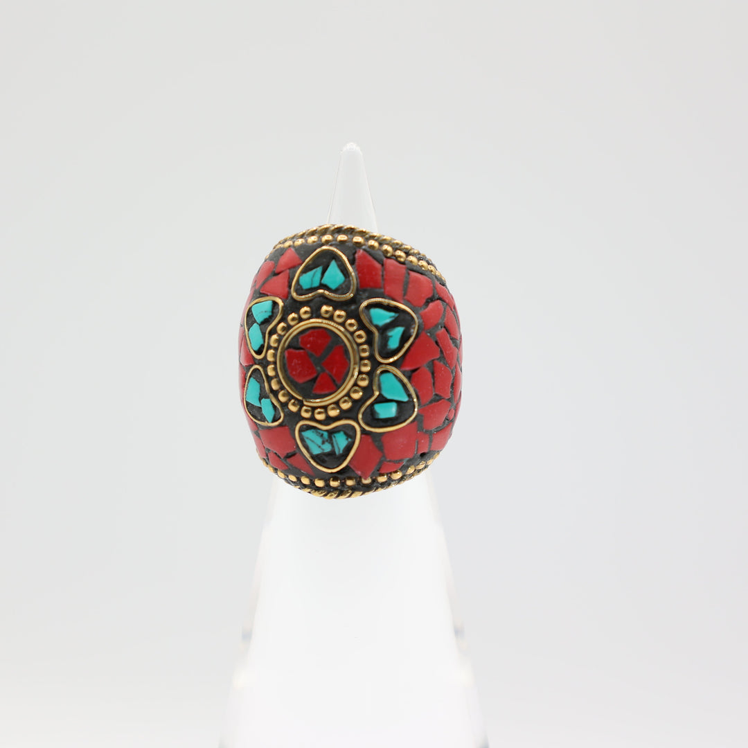 Tibetan Red and Turquoise Gold Tone Ring Size 7.25