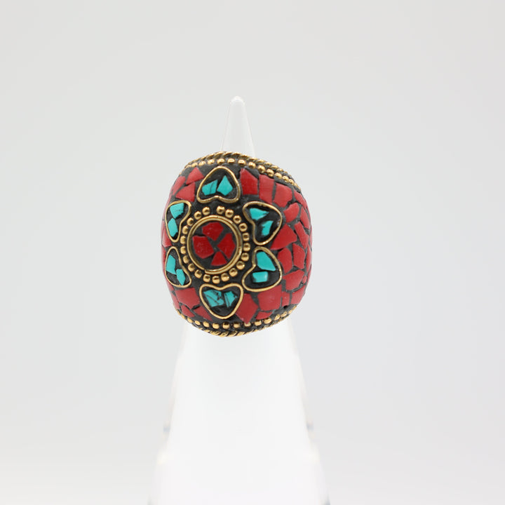 Tibetan Red and Turquoise Gold Tone Ring Size 7.25
