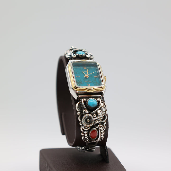 Navajo Sterling Silver Bangle With Coral Turquoise Watch