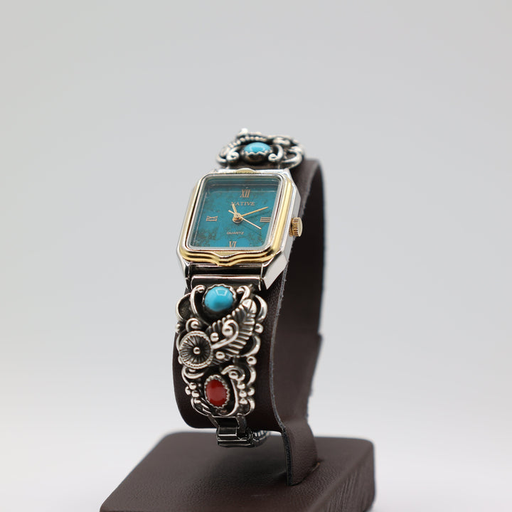 Navajo Sterling Silver Bangle With Coral Turquoise Watch