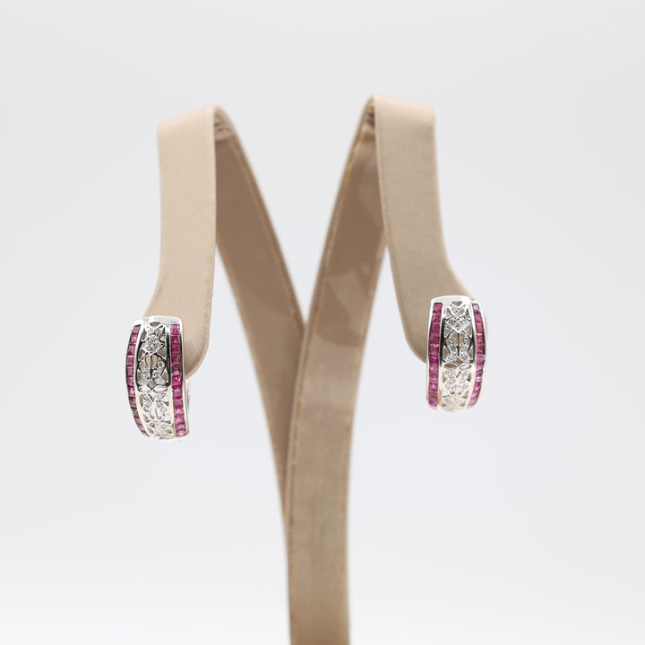 14k White Gold Diamond and Pink Sapphire Earrings