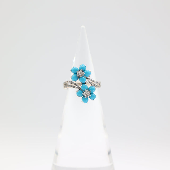 14k White Gold Double Sleeping Beauty Turquoise Flower and Diamonds Ring Size 8.25