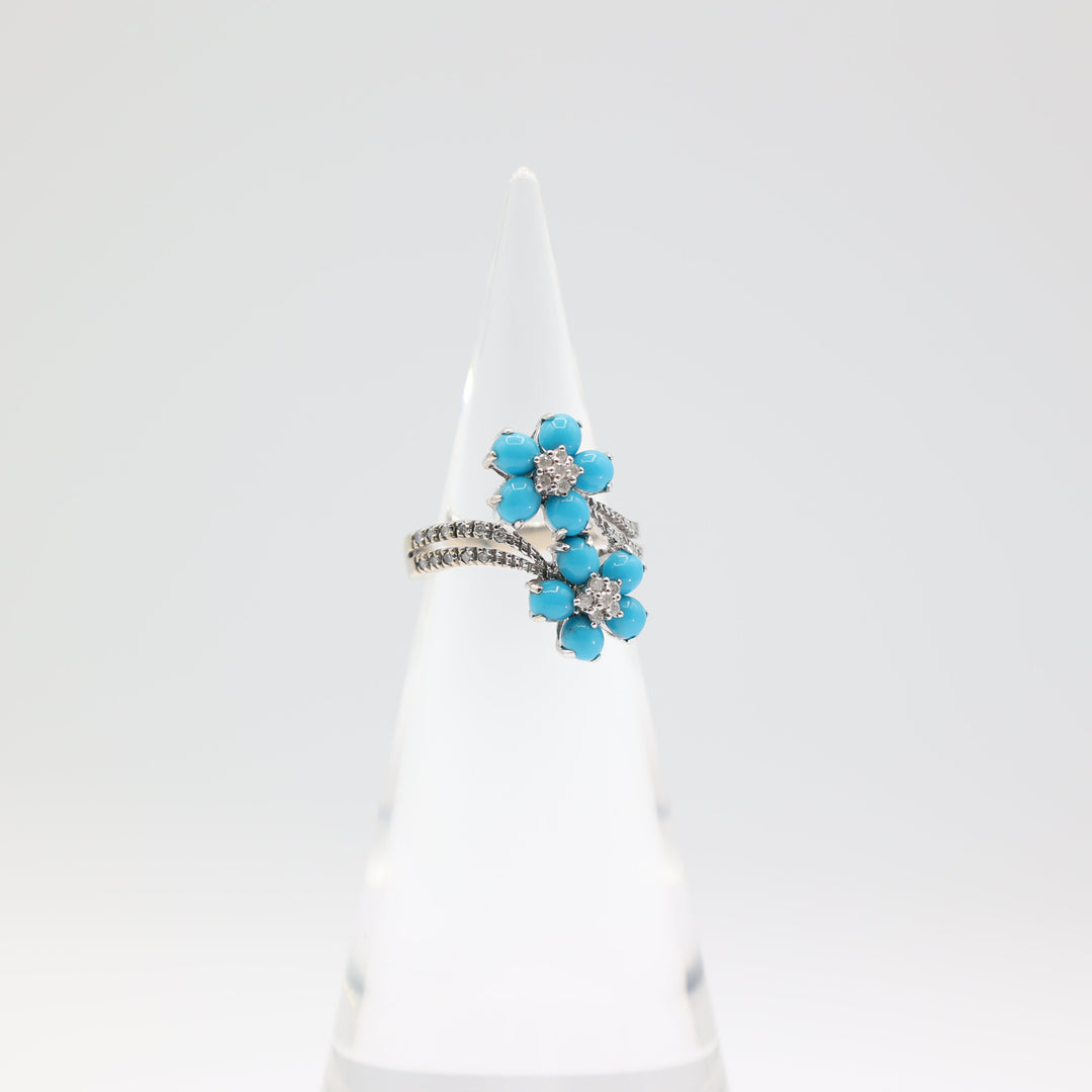 14k White Gold Double Sleeping Beauty Turquoise Flower and Diamonds Ring Size 8.25