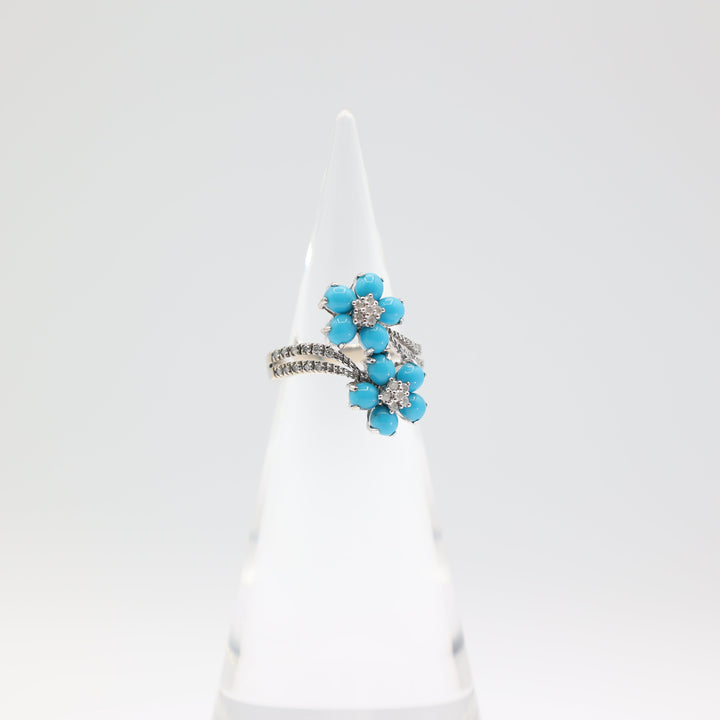 14k White Gold Double Sleeping Beauty Turquoise Flower and Diamonds Ring Size 8.25