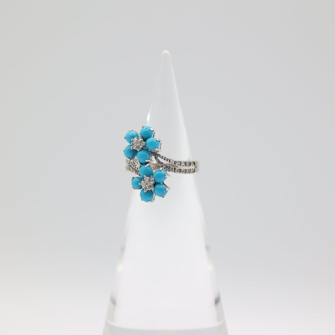 14k White Gold Double Sleeping Beauty Turquoise Flower and Diamonds Ring Size 8.25