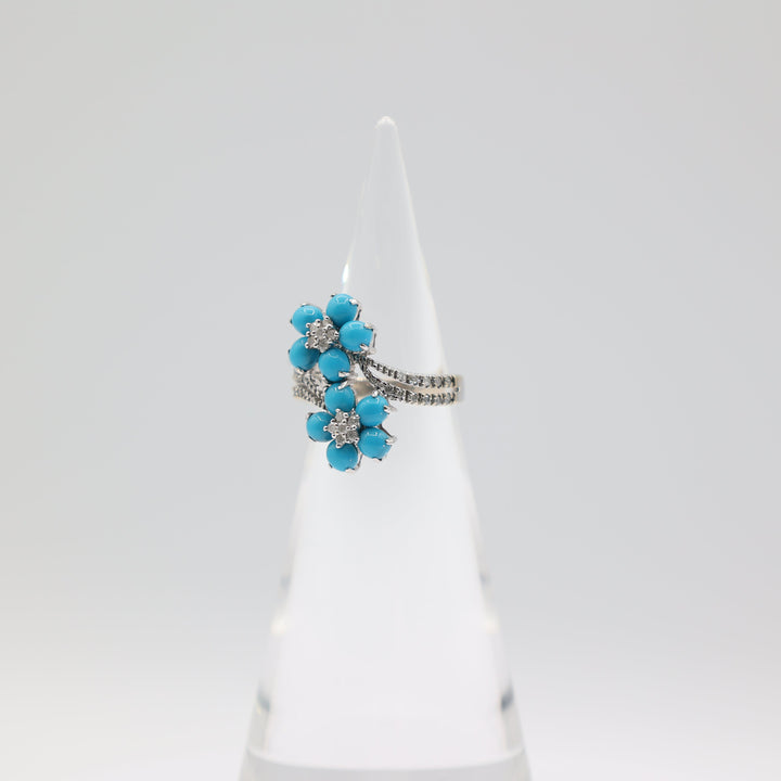 14k White Gold Double Sleeping Beauty Turquoise Flower and Diamonds Ring Size 8.25