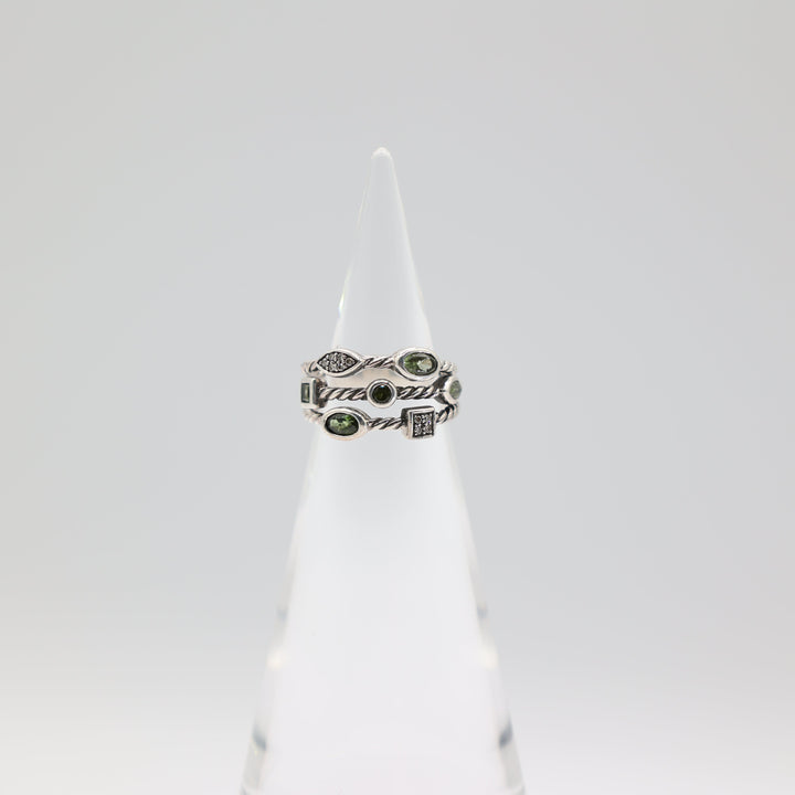 David Yurman 925 Silver Peridot, Tourmaline, & Diamond Confetti Ring Size 5.75