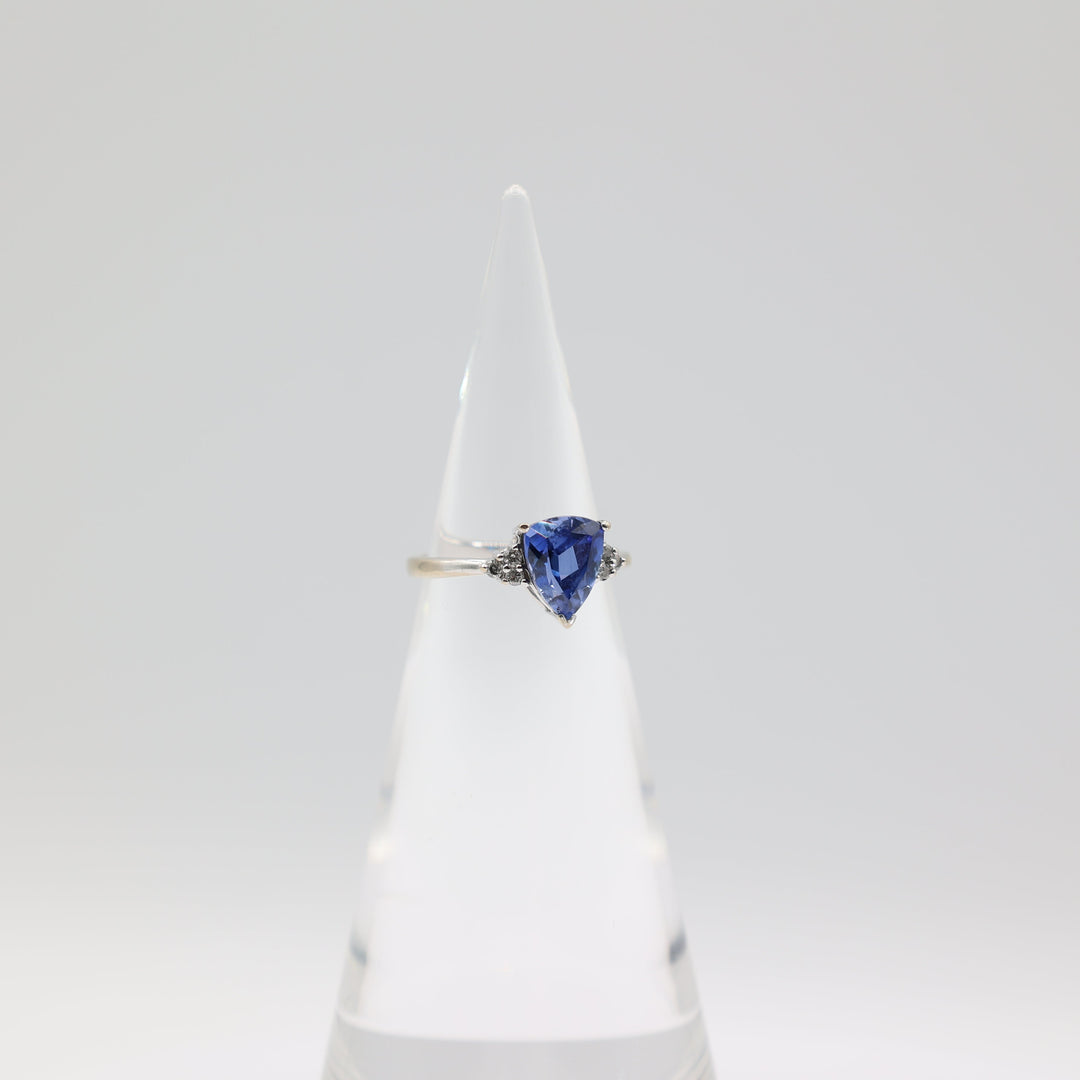 10K White Gold Blue Sapphire Trillion Cut Stone and Diamond Accents Ring Size 9