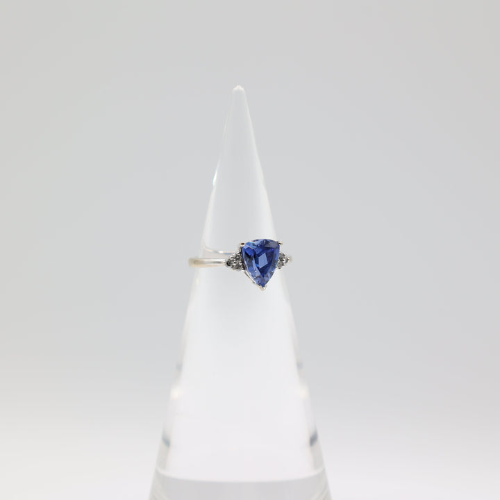 10K White Gold Blue Sapphire Trillion Cut Stone and Diamond Accents Ring Size 9