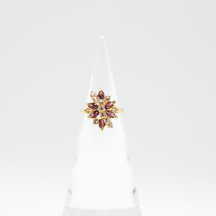 11k Yellow Gold Purple and White Floral Stones Ring Size 8.5