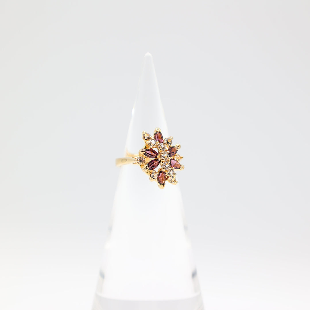 11k Yellow Gold Purple and White Floral Stones Ring Size 8.5