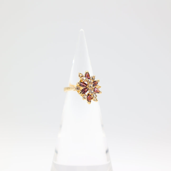 11k Yellow Gold Purple and White Floral Stones Ring Size 8.5