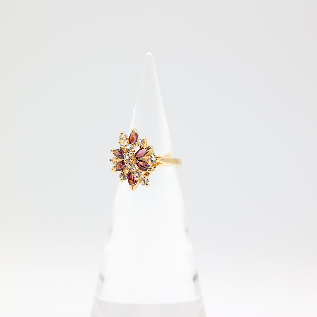 11k Yellow Gold Purple and White Floral Stones Ring Size 8.5