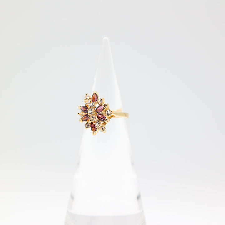 11k Yellow Gold Purple and White Floral Stones Ring Size 8.5