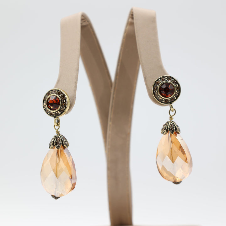 Heidi Daus Vintage Gold Tone Large Orange Tone Rhinestone Drop Dangle Stud Earrings