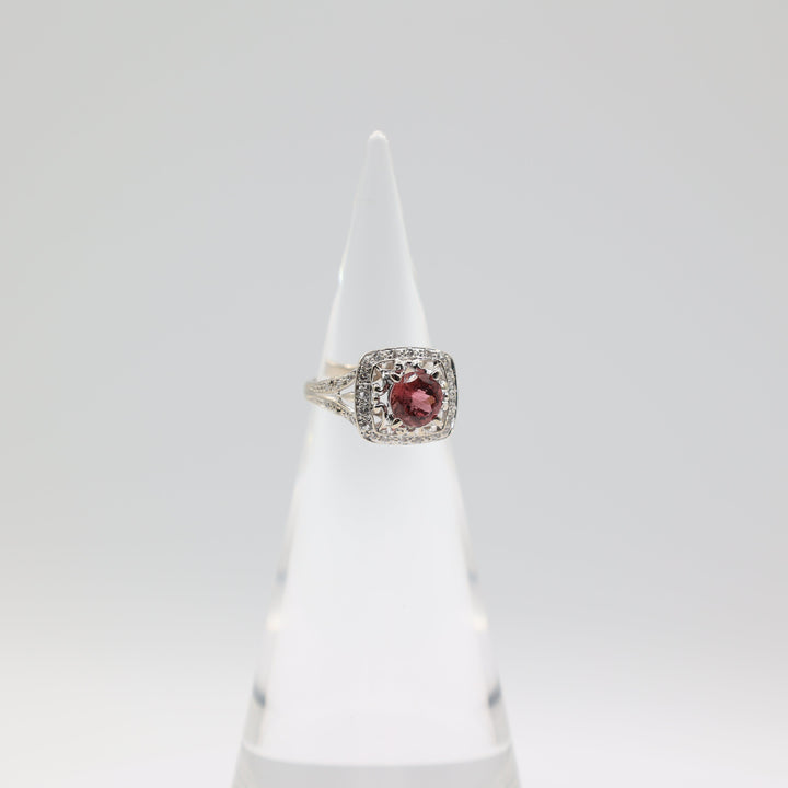 14k White Gold Ring with Pink Tourmaline and Cut Cube Zirconium - Size 6.75