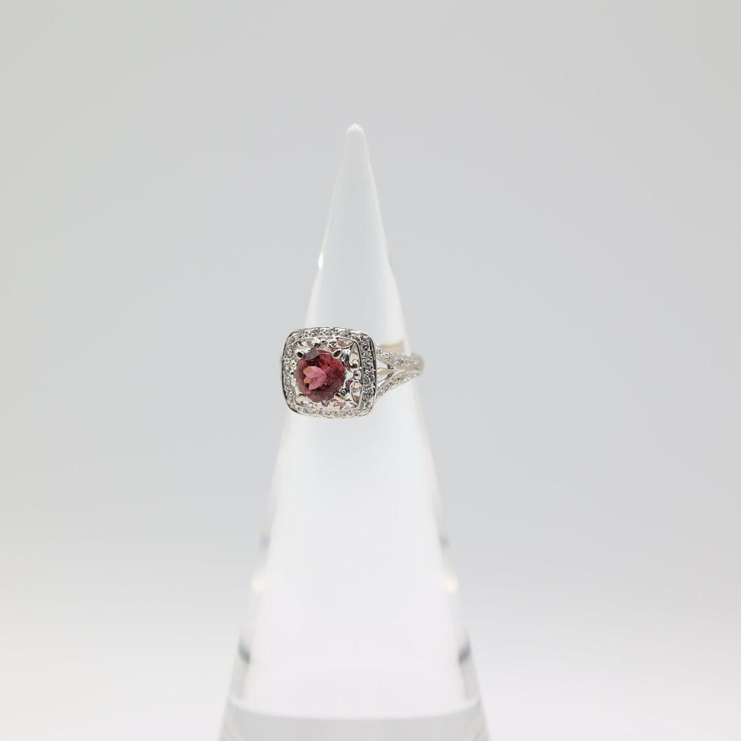 14k White Gold Ring with Pink Tourmaline and Cut Cube Zirconium - Size 6.75