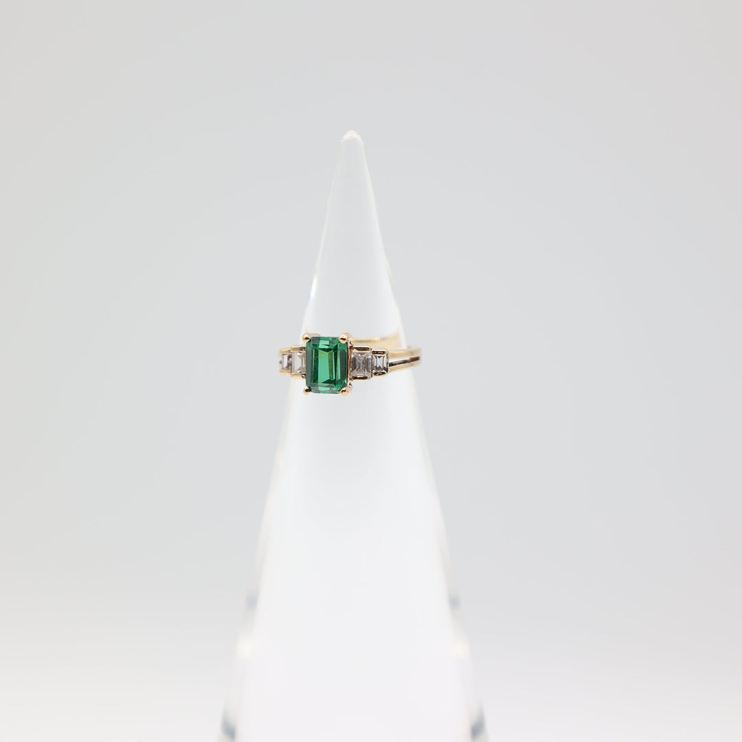 14k Yellow Gold Emerald Cut Green Spinel Ring Size 4