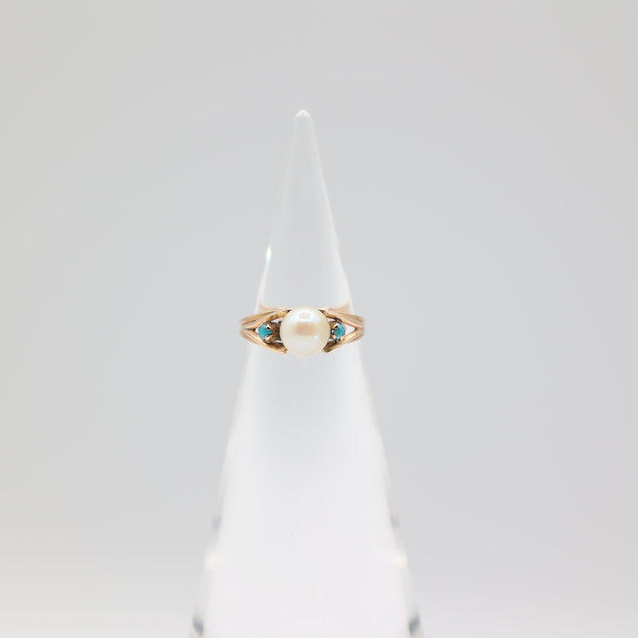 14k Rose Gold Pearl 7mm and Turquoise 2mm Stones Ring Size 6