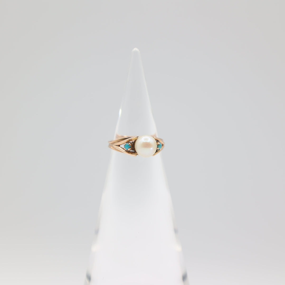 14k Rose Gold Pearl 7mm and Turquoise 2mm Stones Ring Size 6