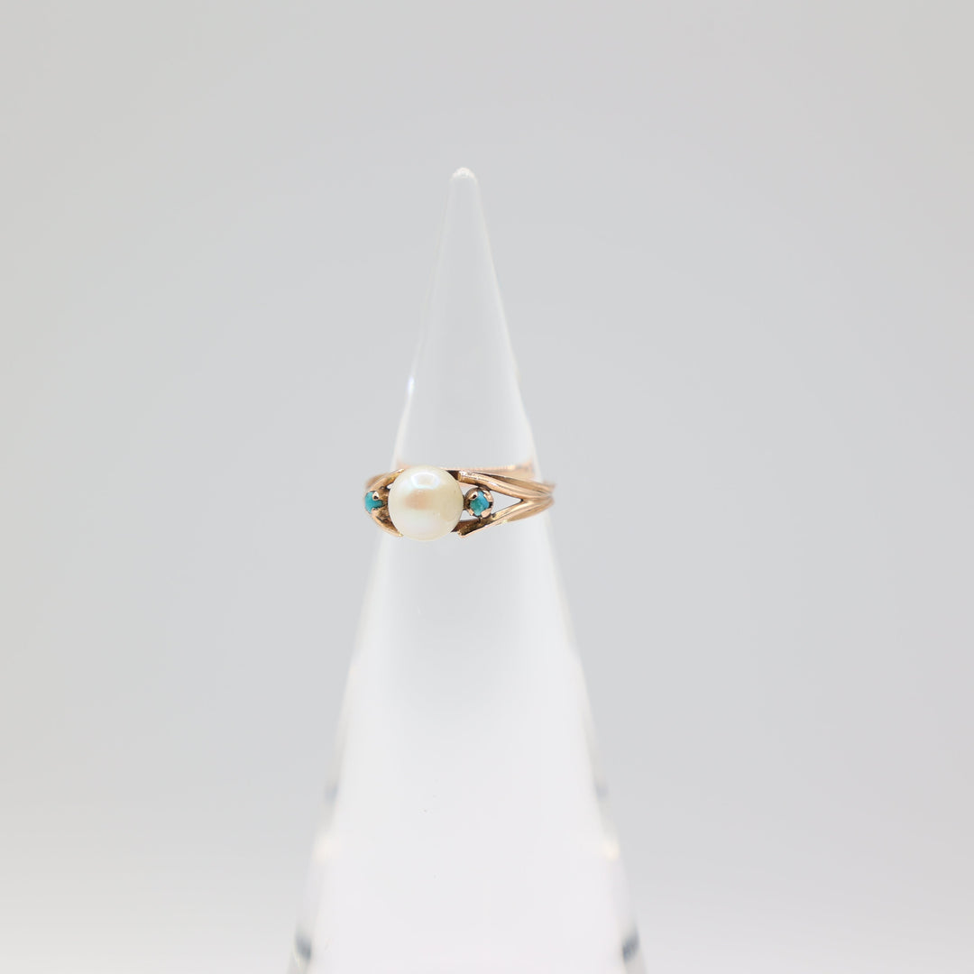 14k Rose Gold Pearl 7mm and Turquoise 2mm Stones Ring Size 6