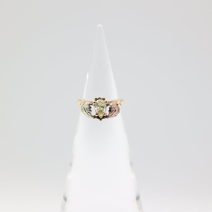 10K Two Toned Rose Gold and Yellow Gold Leaf Pear Shaped Stone Ring Size 8
