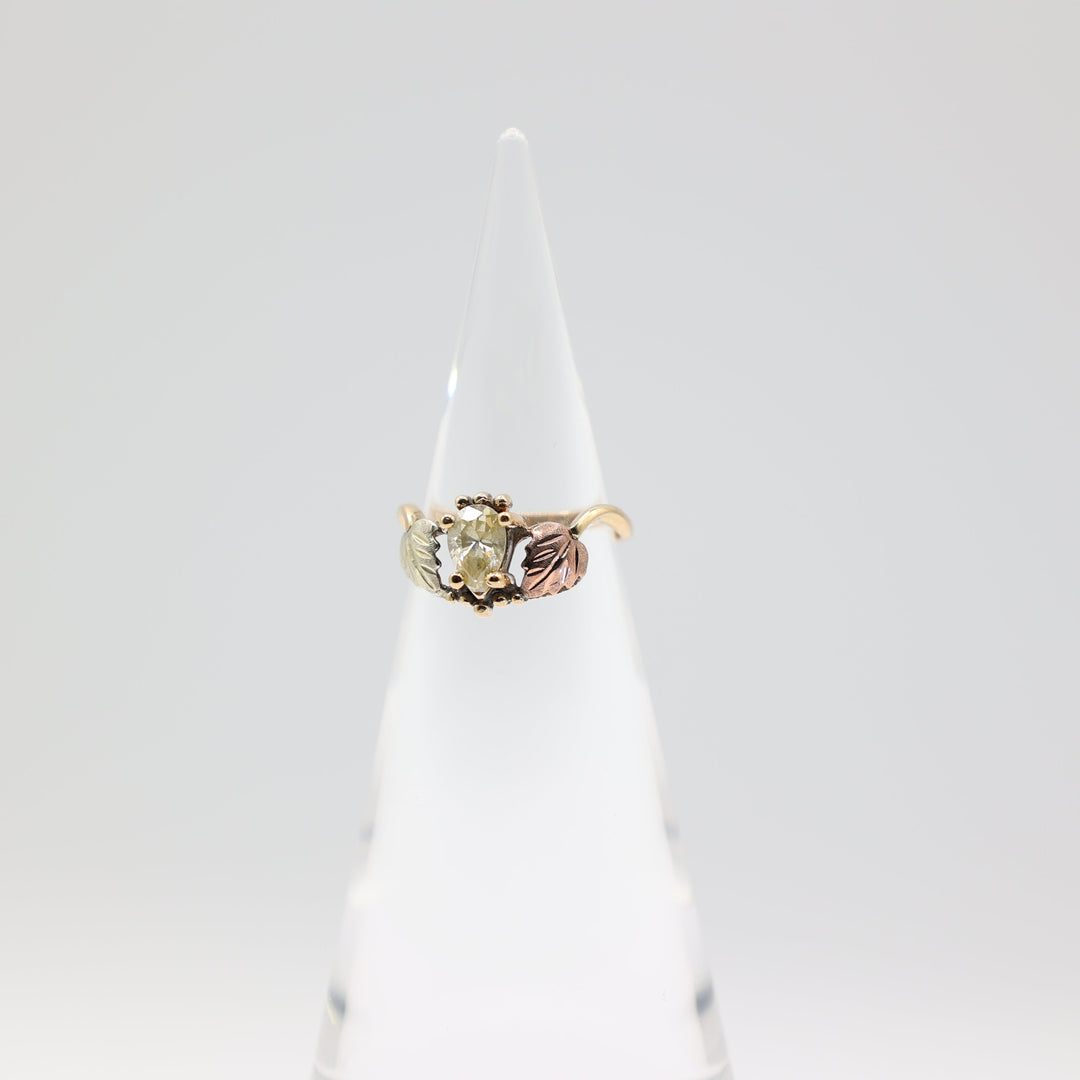 10K Two Toned Rose Gold and Yellow Gold Leaf Pear Shaped Stone Ring Size 8