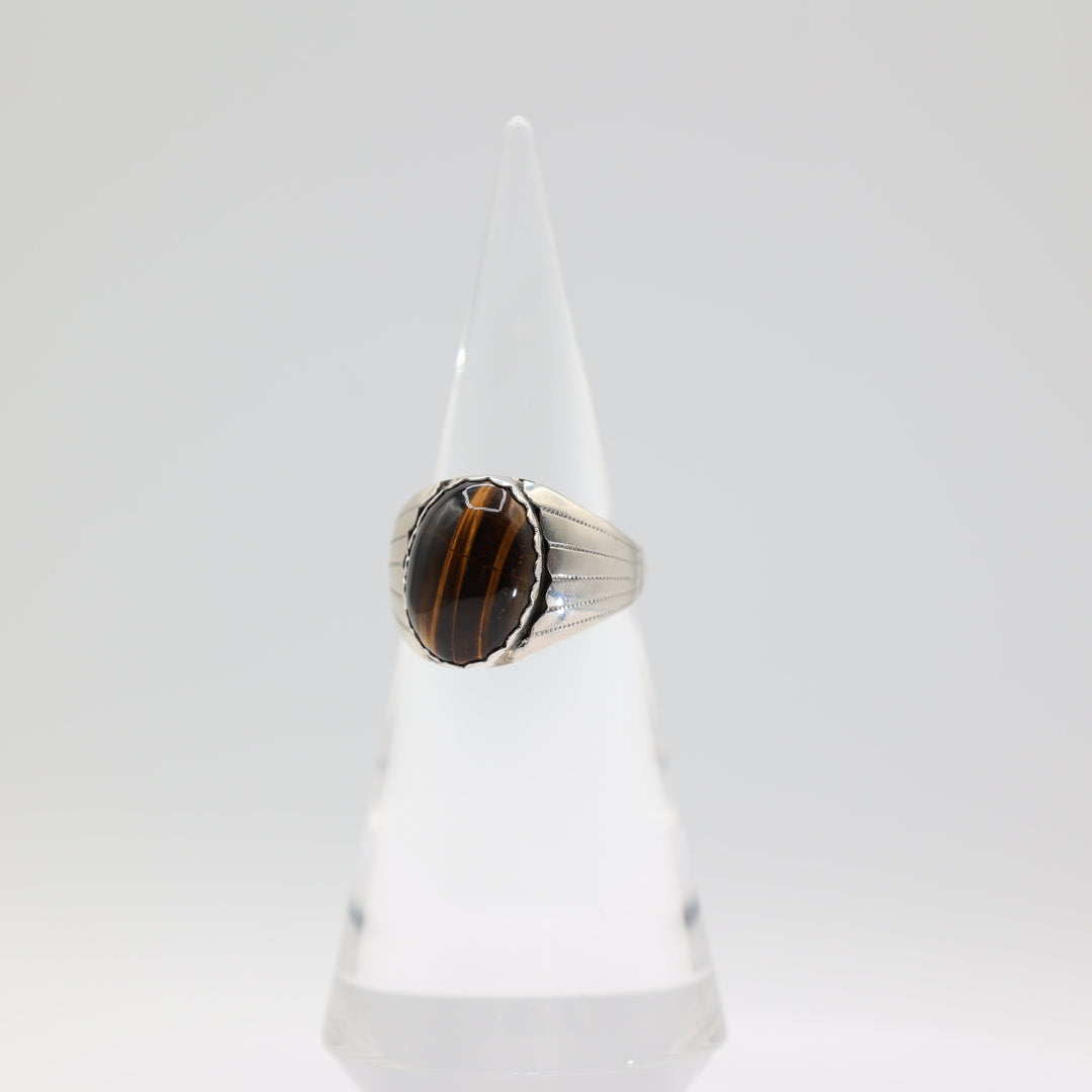 925 Sterling Silver Tigers Eye 18x13mm Oval Stone Ring Size 12.5